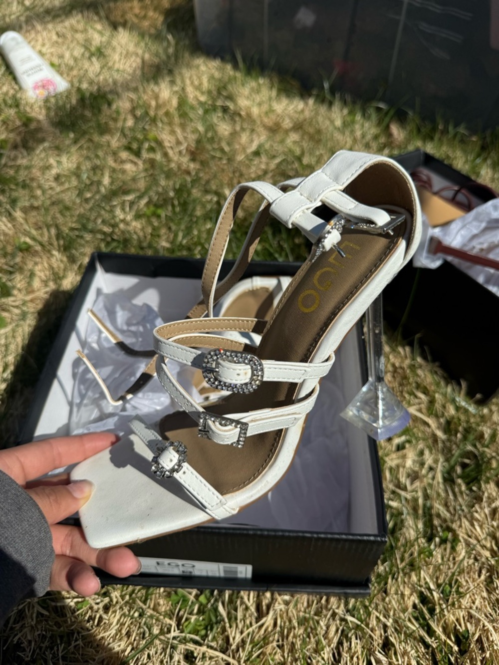 EGO White Strappy Rhinestone Buckle Heeled Sandals